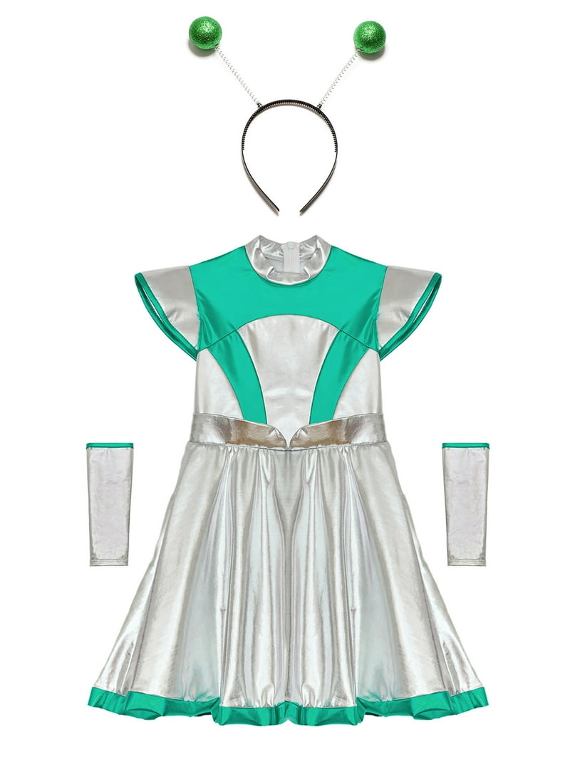 Sholeno Girls 3Pcs Alien Costume Kids Metallic Sleeveless A-line Dress  Outer Space Halloween Outfit Green 10 - Walmart.com