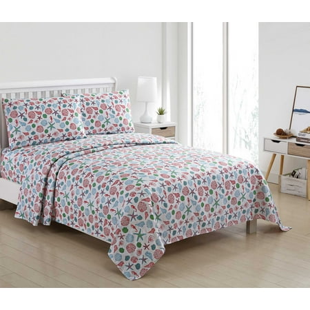 - 3 Piece Bed Sheet Set Beach House Shells Nautical Design (Twin)