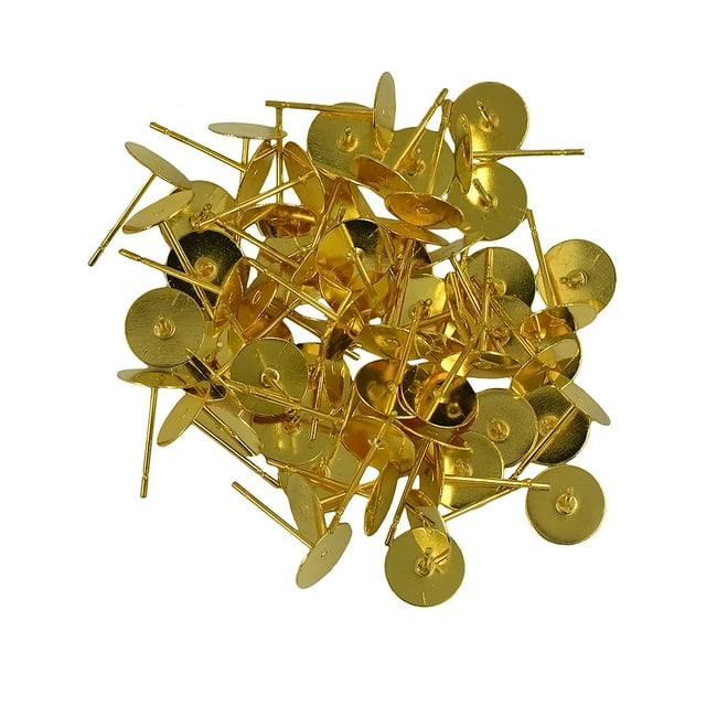 KLKCMS 100pcs 8mm Blank Pad Stud Earring Post Peg Pin DIY Making Findings-Gold