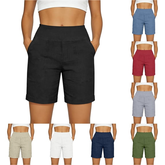 Gyujnb Women's High Waist Linen Blend Shorts, Casual Bermuda Shorts with Large Side Pockets,Black
