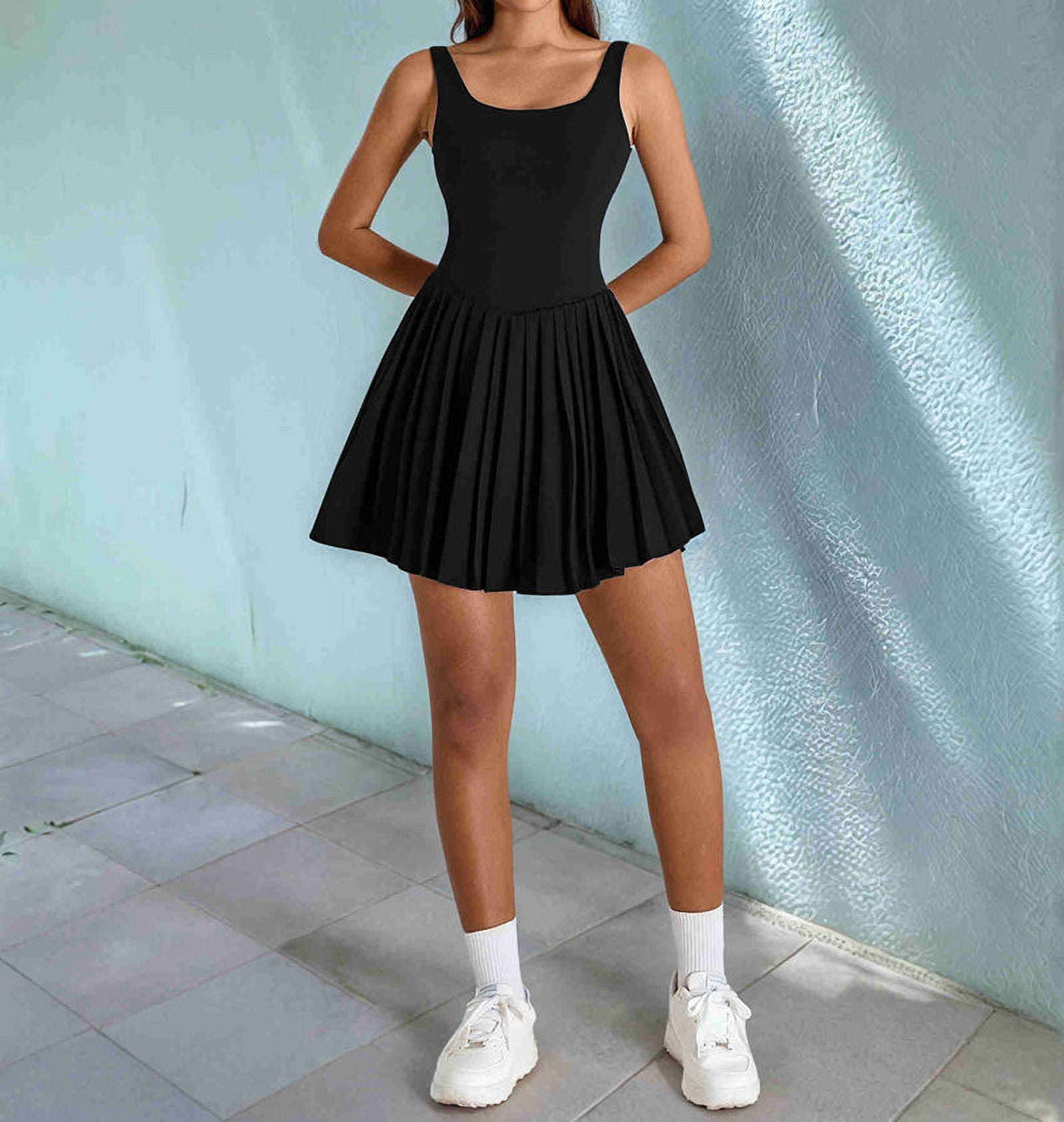Womens Square Neck Tennis Dress Pleated Sleeveless Built in Shorts Golf Athletic Dress with Pockets Black XL