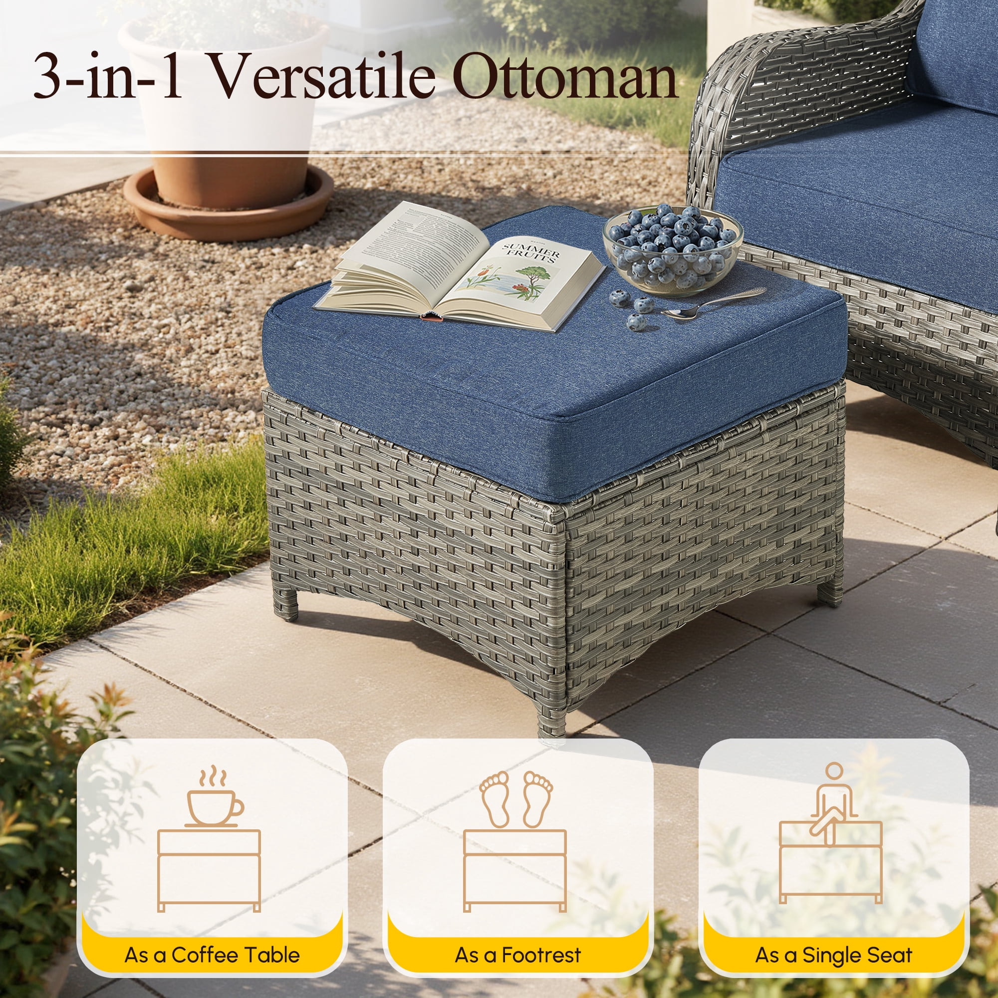 Vcatnet 6 Pieces Outdoor Patio Furniture Wicker High-Back Conversation Set with Swivel Rocking Chairs and Ottoman, Denim Blue