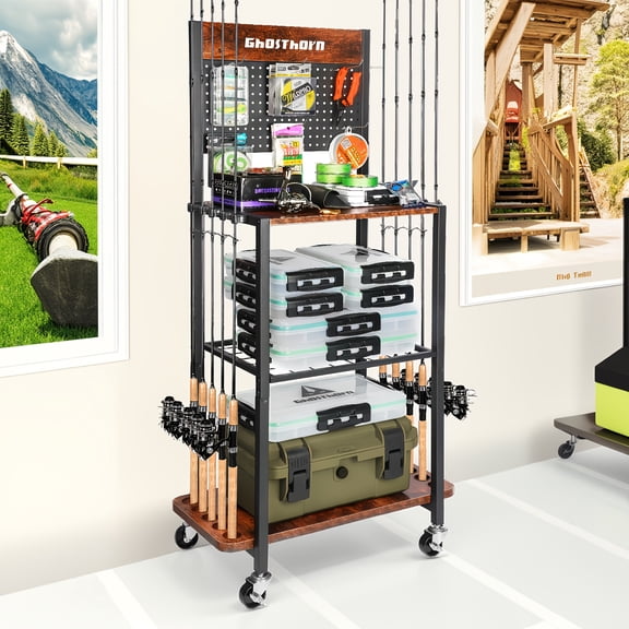 Ghosthorn Fishing Rod Holder with Back Panel: A Robust Fishing Rod Rack & Storage Cabinet, Capable of Holding Up to 12 Fishing Rods, Perfect for Garage Organization and an Ideal Fishing Gift for Men