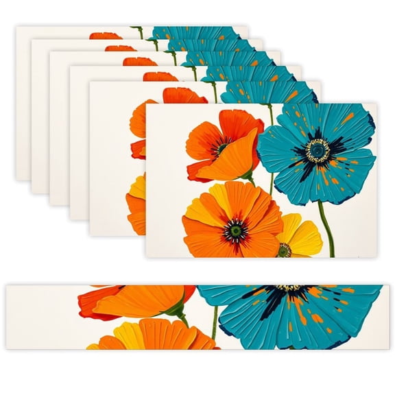 7 Piece Linen Table Runner and Placemats Set, Colorful Poppy Flowers Round Corner Heat Resistant Washable Table Mats for Home Kitchen Dining Party Decoration