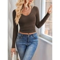 thumbnail image 2 of Long Sleeve Shirts for Women 2025 Fall Fashion V Neck Basics Crop Tops Slim Fitted Y2K Tops Outfits Clothes Coffee XL, 2 of 8