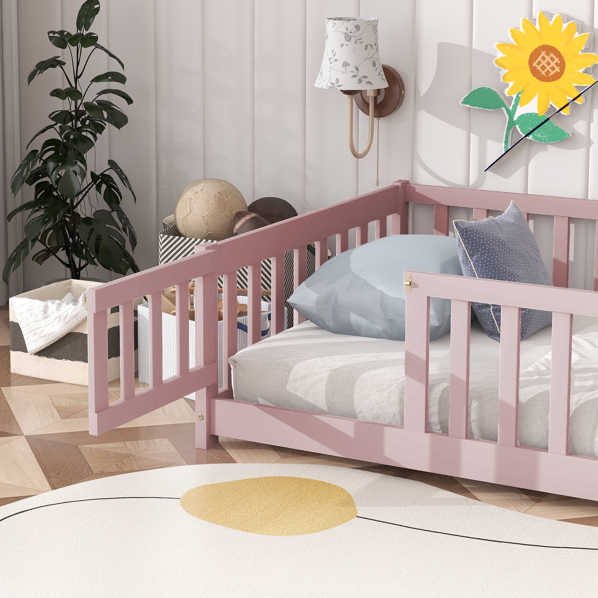 Sailvan Twin Floor Bed with Fence and Door, Solid Rubber Wood Kids Platform Bed Frame Pink