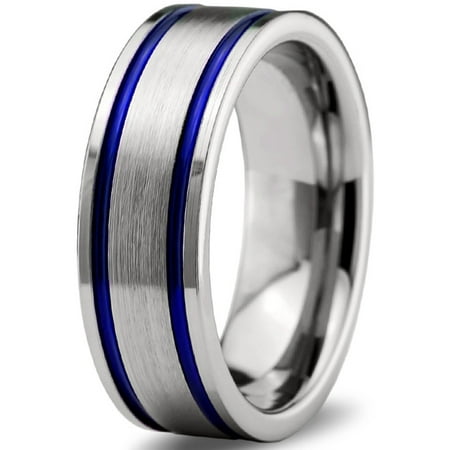 Charming Jewelers Tungsten Wedding Band Ring 8mm For Men Women Charming Jewelers Tungsten Wedding Band Ring 8mm For Men Women Blue Grey Pipe Cut Brushed Lifetime Guarantee