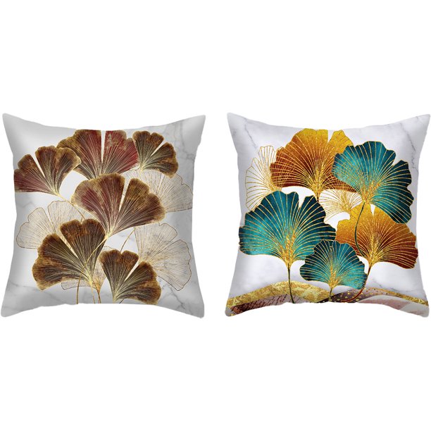 Funda de almohada corta de felpa con hoja de Ginkgo, color verde y dorado, funda de cojín para sofá