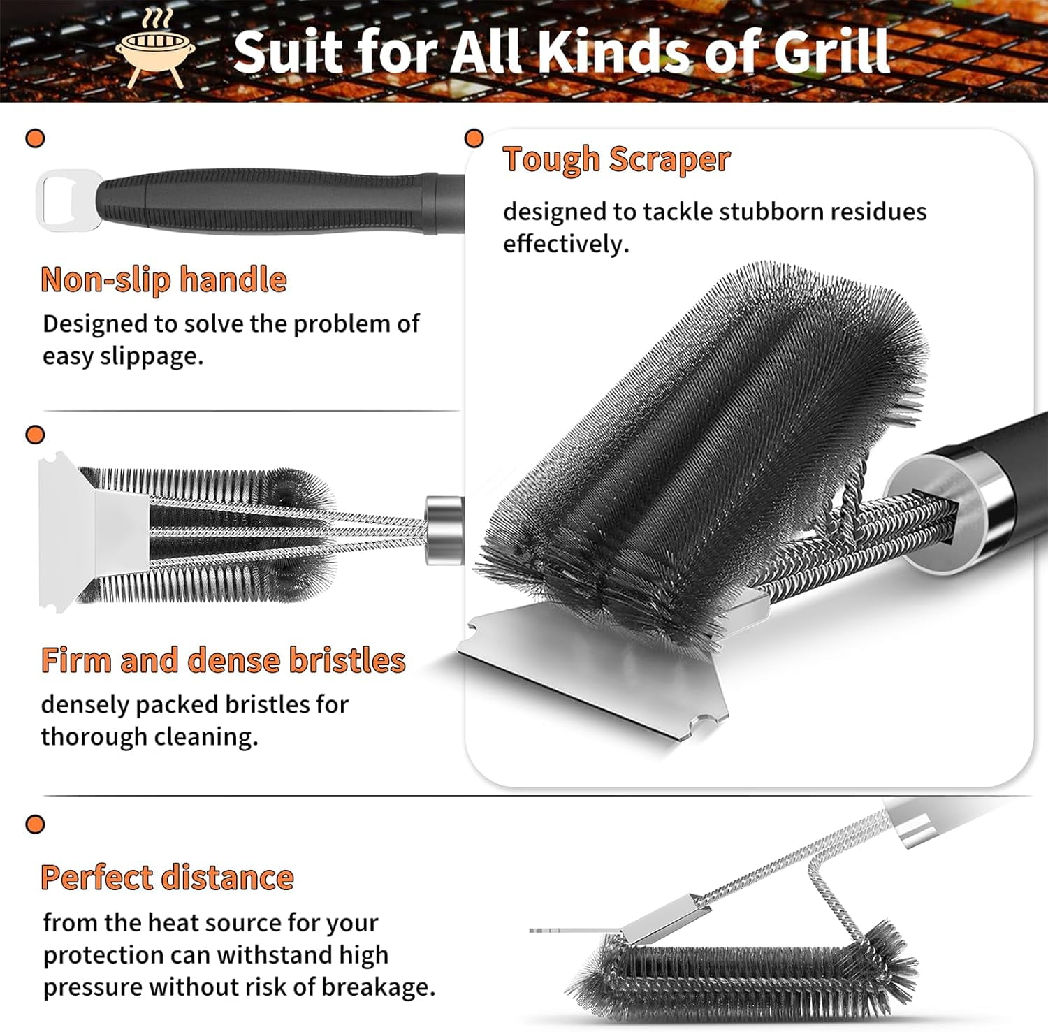 Grill Brush and Scraper 18 Inch Adjustable Handle BBQ Cleaning Brush with Bottle Opener Extra Strong Grill Cleaner for Gas and Charcoal Grill Grates Outdoor Grill Accessories