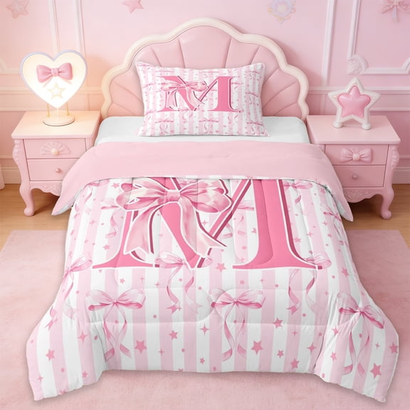 Erosebridal Cute Stars Bowknot Kids Twin Comforter Sets,Pink Letter M Alphabet Bedding Set For Girls,Pink Reversible,2-Piece