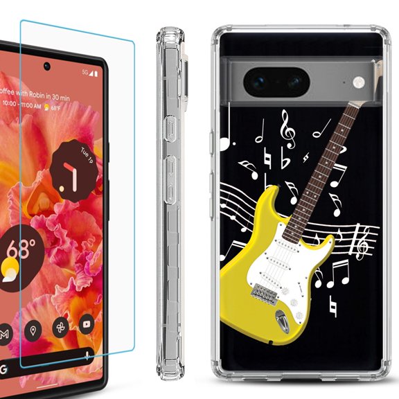 OneToughShield ® for Google Pixel 7a Shockproof Bumper Phone Case, with Tempered Glass Screen Protector - Guitar Yellow