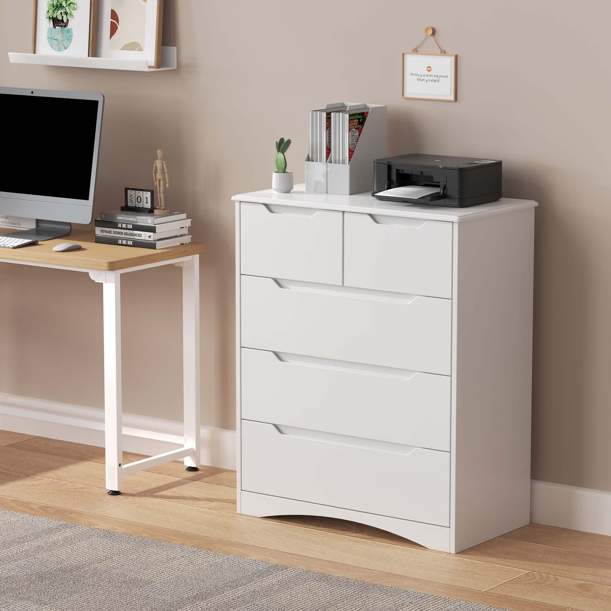 Dresser, Lofka 5 Drawer Dresser for Bedroom with Cutout Handle and Wooden Board, White