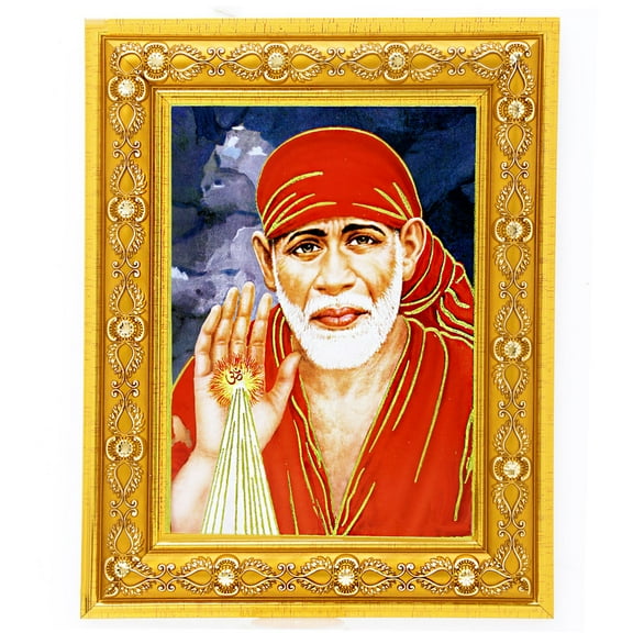 Bm Traders Sai Baba Ashirwad Golden Art Work Colour Photo In Golden Wall Hanging-/-TableTop Frame (7.50 X 9.50 Inch) OR (19.05 X 24.13 Cm) Religious Gifting