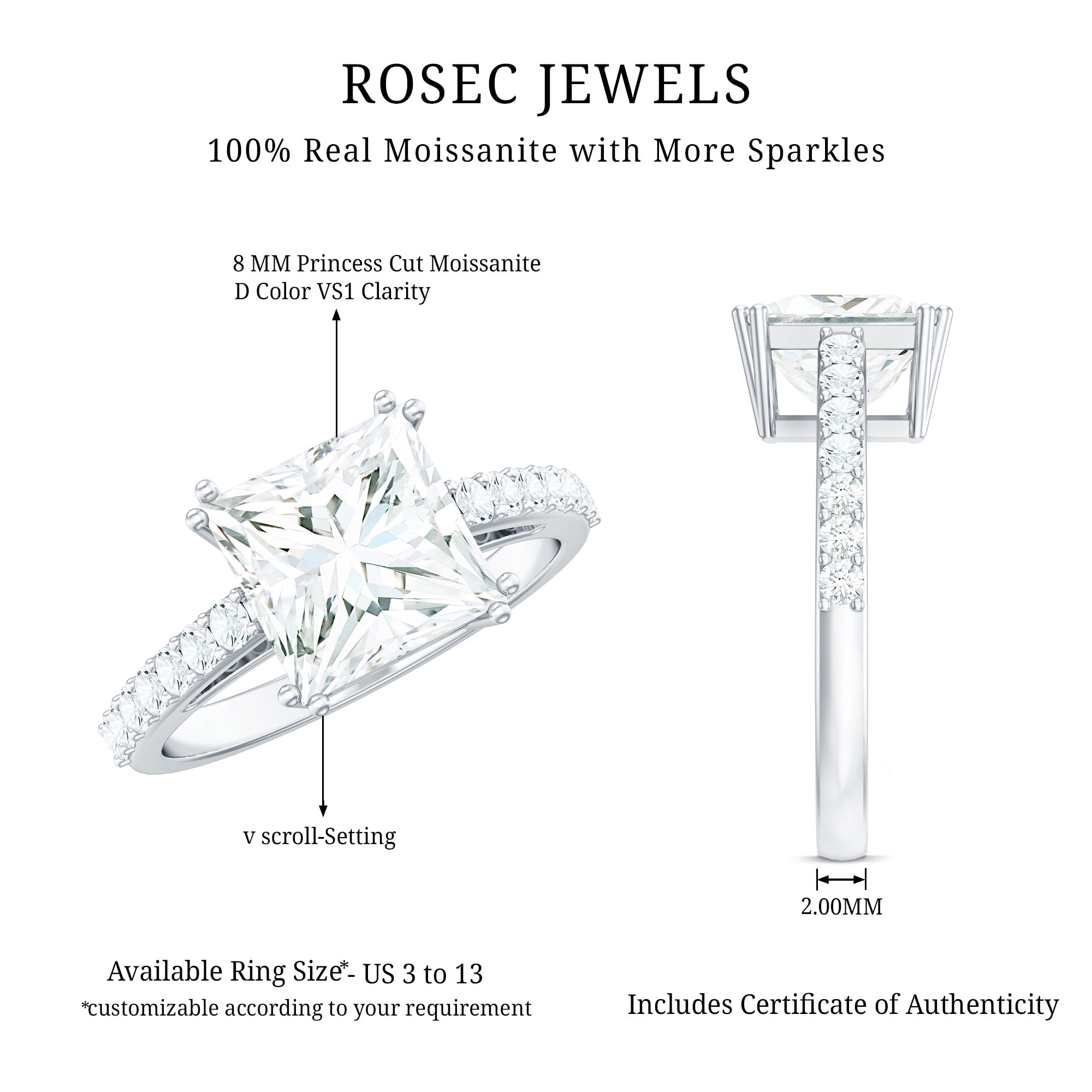 Rosec Jewels Moissanite Solitaire Engagement Ring for Women (8 mm Princess Cut Moissanite, 3 Ct, D-VS1 Grade), 14K White Gold, US 8.50