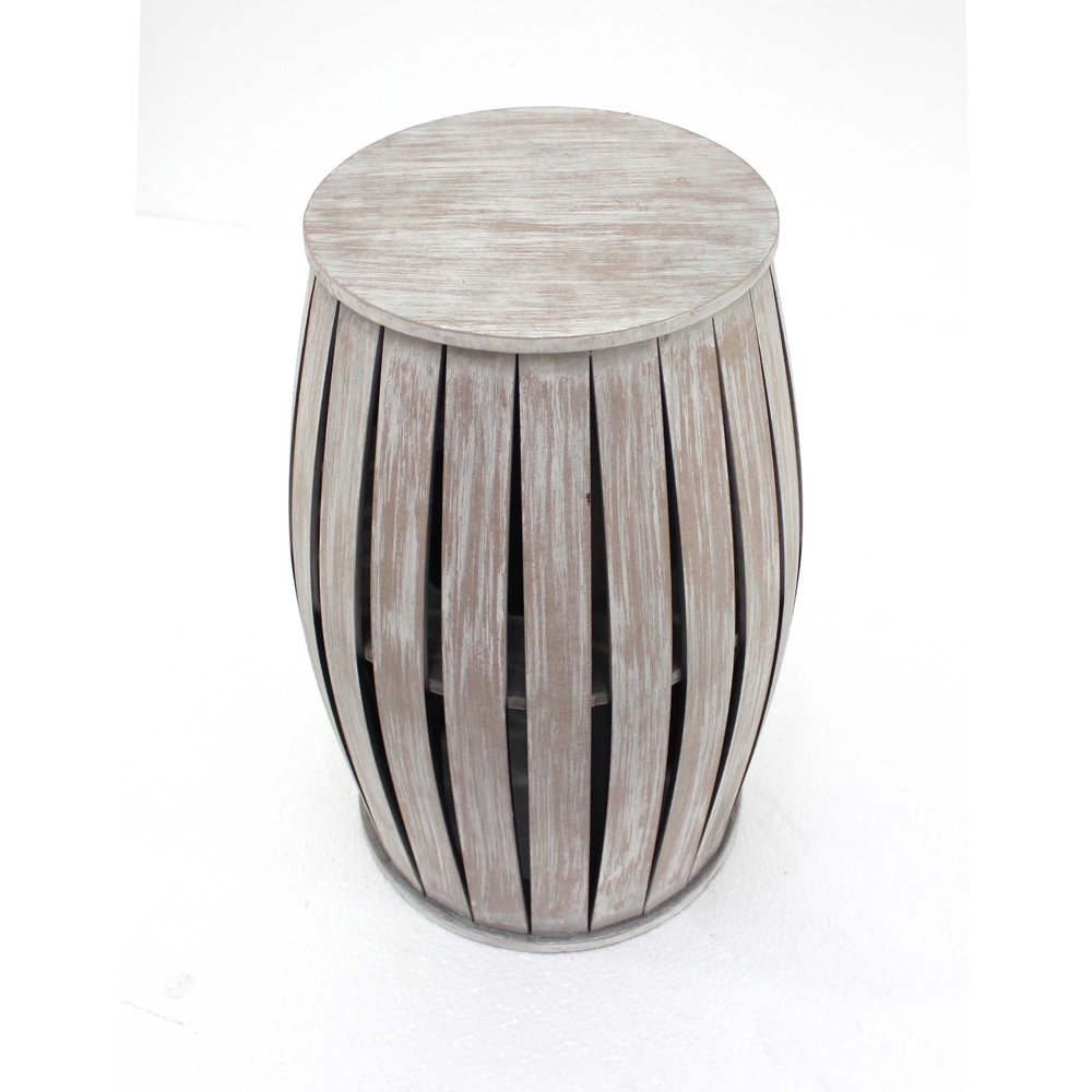 18" X 14" X 14" Gray Rustic Style Wooden Barrel Shaped End Table