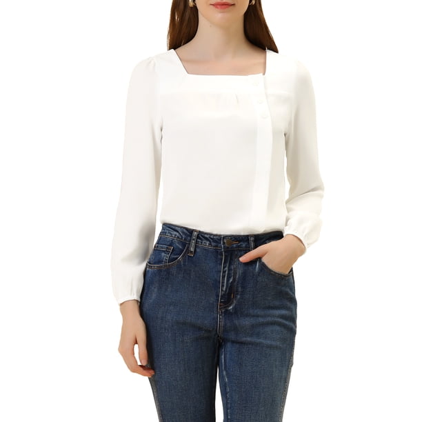 INSPIRAR CHIC Blusa de Manga Larga Sólida de Cuello Cuadrado para Mujeres, Casual, para el Trabajo y el Fin de Semana, Color Blanco