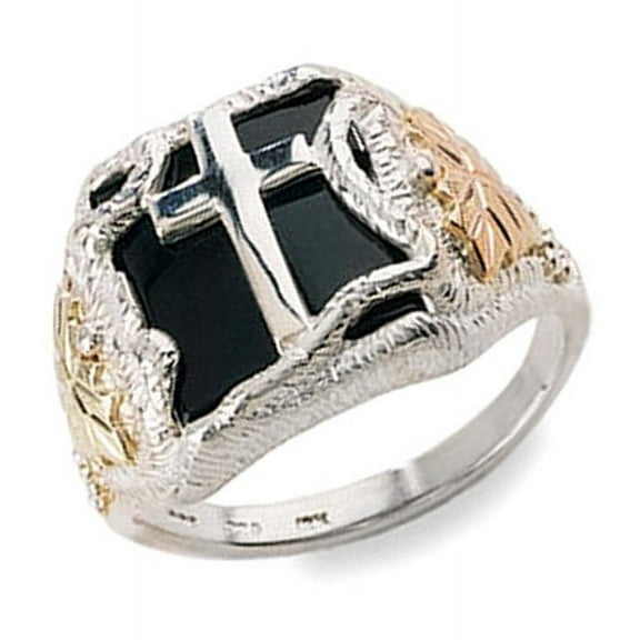 Men's Black Hills Gold on Sterling Silver Cross Ring w Onyx Size 9