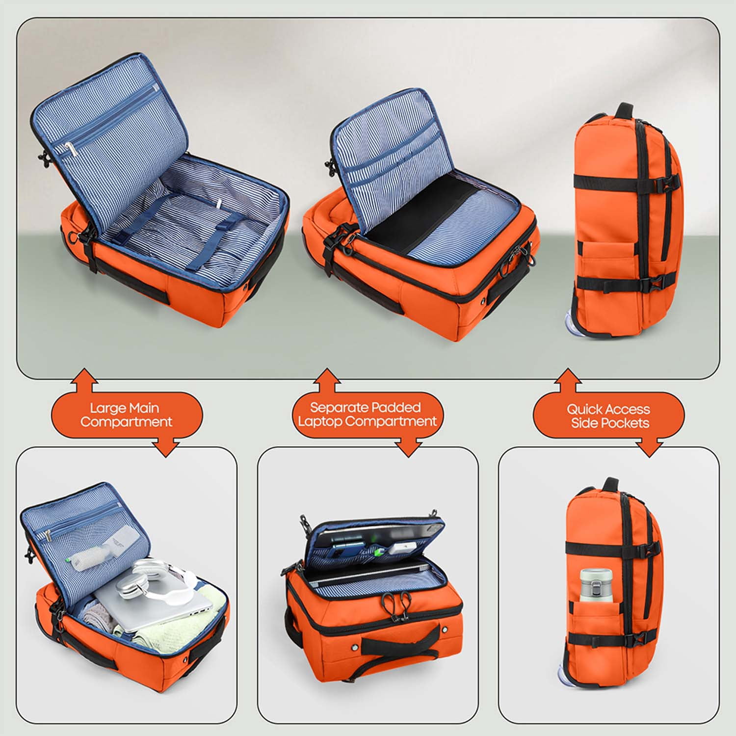 17" Underseat Carry On Luggage Airplane Approved,Water Resistant Softside Rolling Suitcase Lightweight Personal Item Travel Bag,Orange - TA069