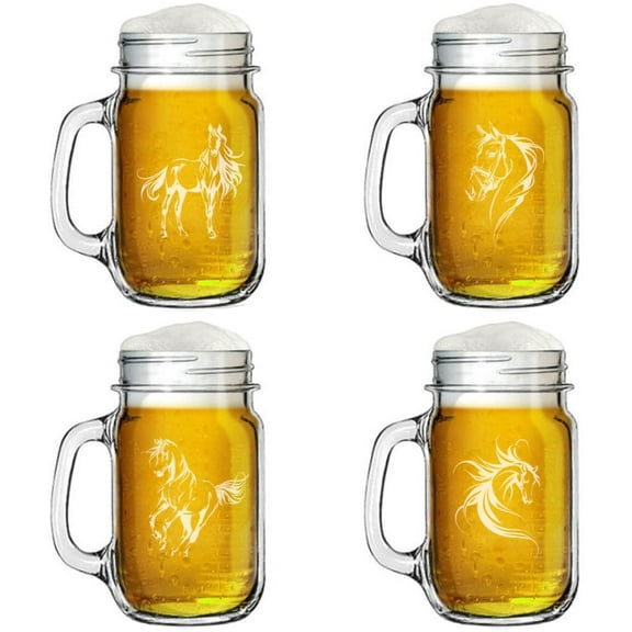 16oz Mason Jar Glass Mug w/Handle Gift Set of 4 FANCY Horse Collection