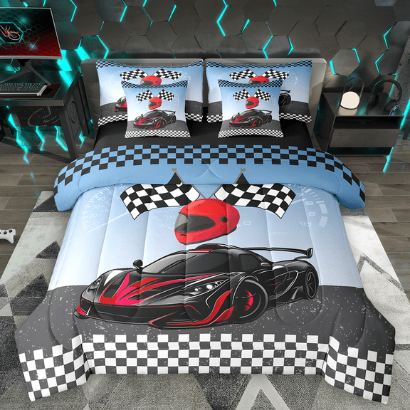 Manfei Boys Sports Car Twin Bedding Sets 7pcs, Speed Game Racing Flag Bedding Comforter Set, Red Race Car Helmet Sheet Sets, Super Cozy Room Decor