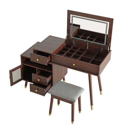 3-in-1 Vanity Desk with Lighted Flip-Top Mirror & Adjustable Cabinet, Makeup Dressing Table with Stool, Dresser with Drawers for Bedroom, Walnut