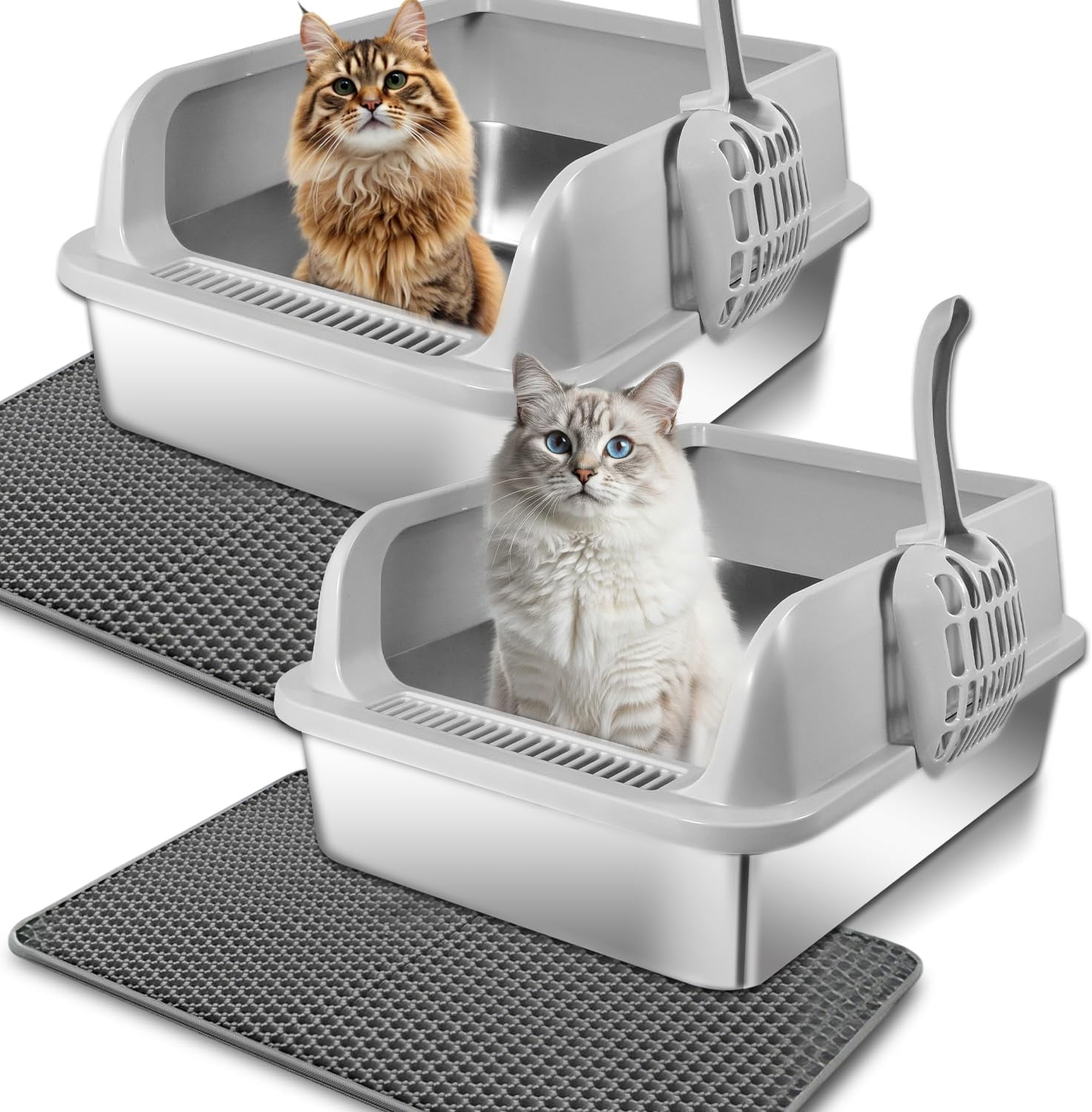 Stainless Steel Cat Litter Box with Lid, High-Wall Non-Stick Litter Pan for Small Cats, Anti-Leakage Metal Litter Box, Easy to Clean, Includes Cat Mat and Scoop, 17.2"x13.2"x7.7"