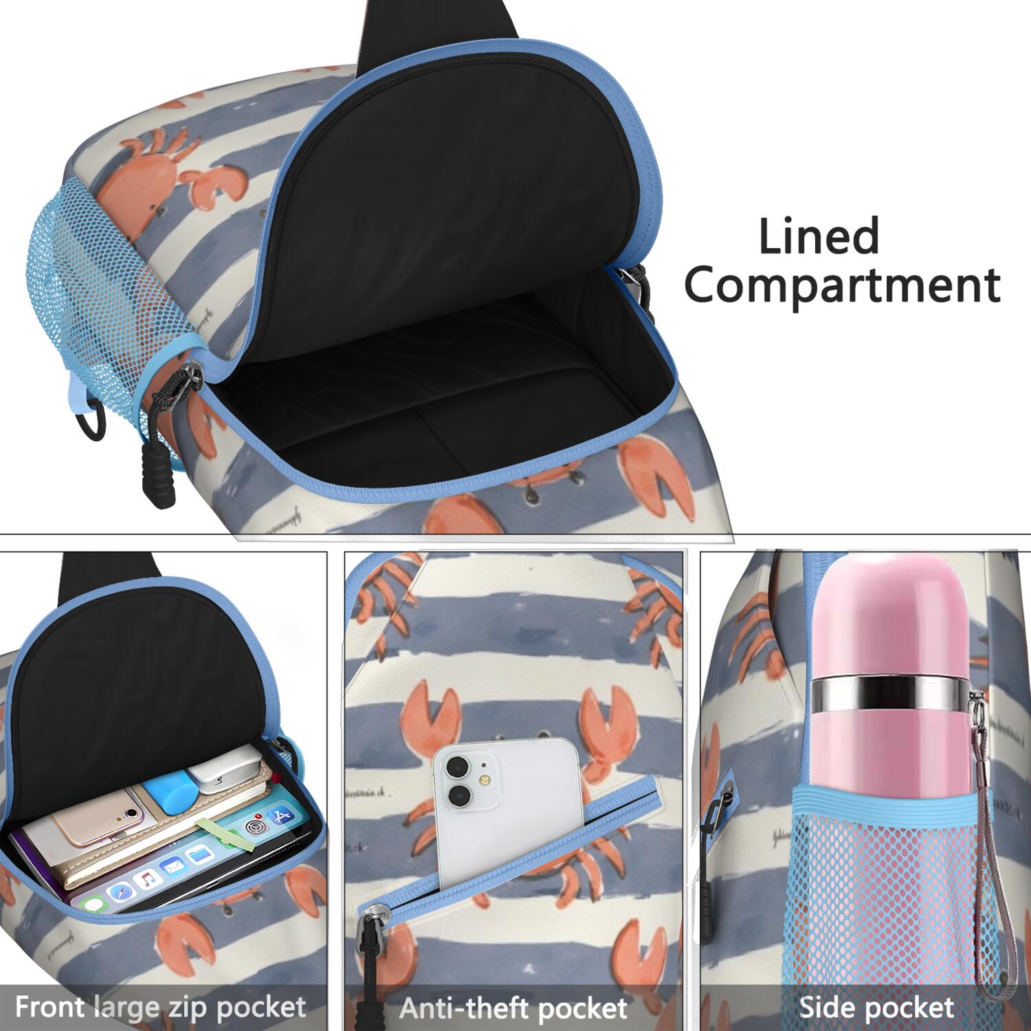 Marine Adorable Crab Crossbody Sling Bag for Women Men Shoulder Backpack Chest Bag AntiTheft Sling Shoulder Bag