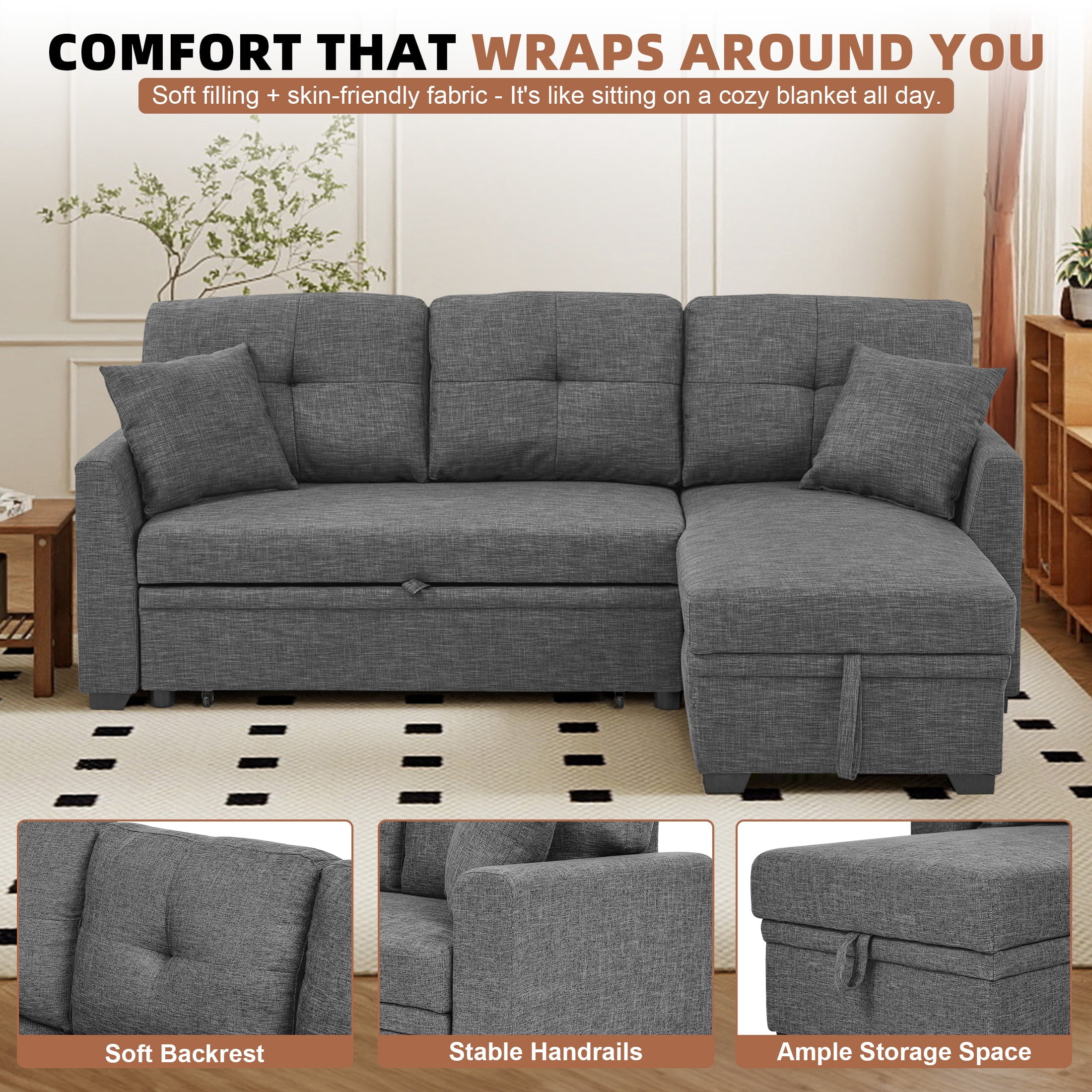 Aukfa Pull-Out Sleeper Sofa Bed with Storage Chaise, Reversible Loveseat for Living Room, Linen, Light Gray