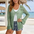 thumbnail image 2 of JIAYUE Women's Swimsuit Cover-Ups Solid Color Long Sleeve V Neck Lace Up Knit Scalloped Beach Hollow Cardigan Comfortable Swimwear Cover Up Top, 2 of 6