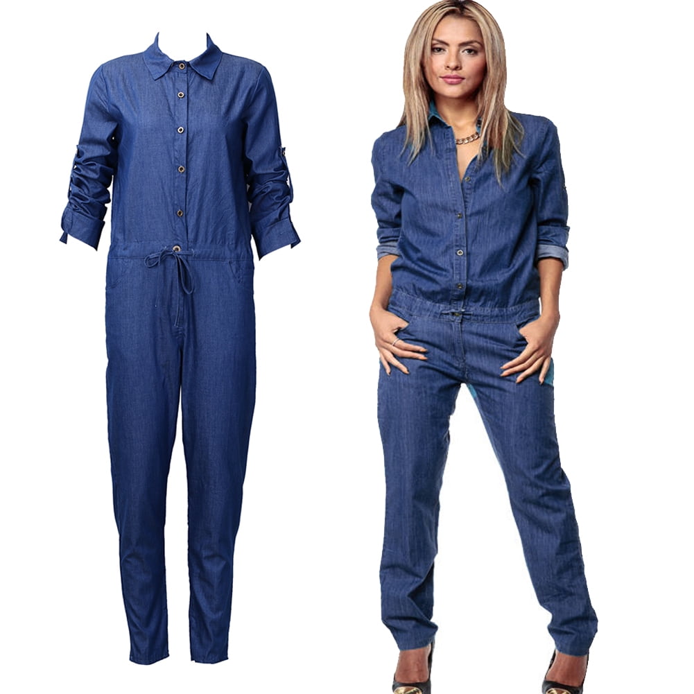 GAGA Womens Denim Jumpsuits Summer Jeans Elastic Waist Strappy Long Rompers Playsuit