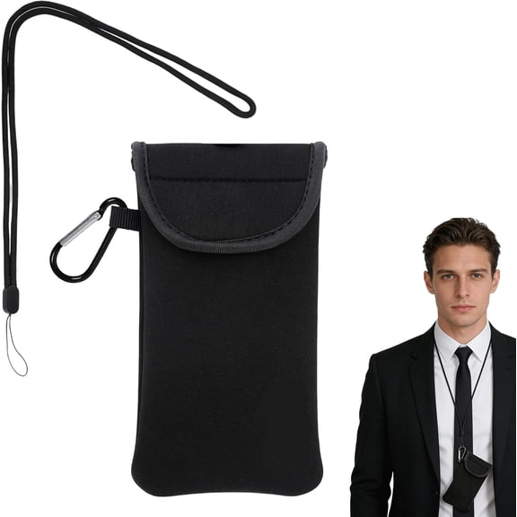 Neoprene Phone Pouch, Universal Mobile Phone Case, Black Phone Sock with Carabinas and Neck Lanyards Straps, Mobile Phones Sleeve for Hiking Travelling