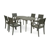 Powell Outdoor 6-Seater Oval Acacia Wood Dining Set, Gray Finish