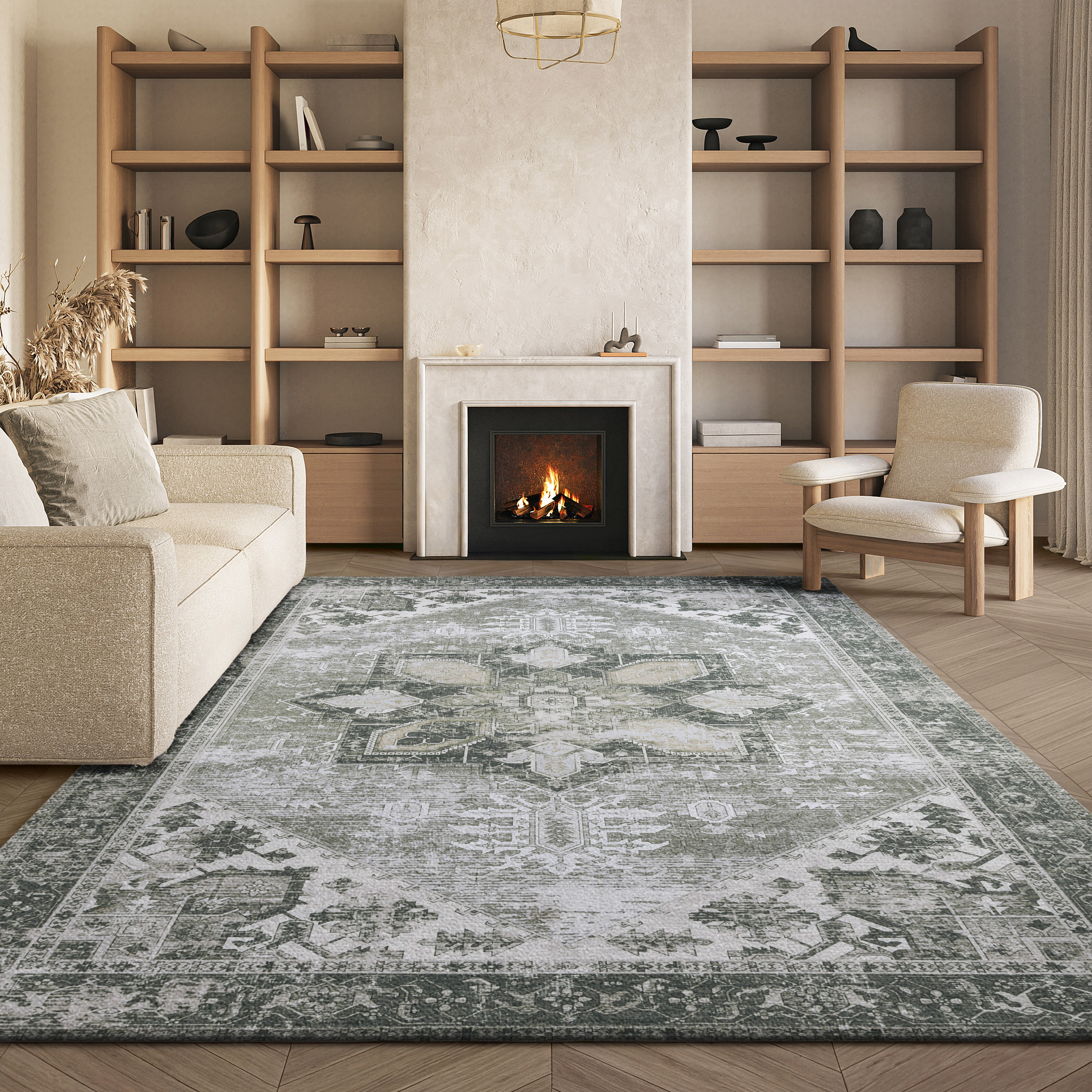 SAFAVIEH Tucson Jayla Oriental Machine Washable Area Rug, Dark Sage/Ivory, 4' x 4' Square