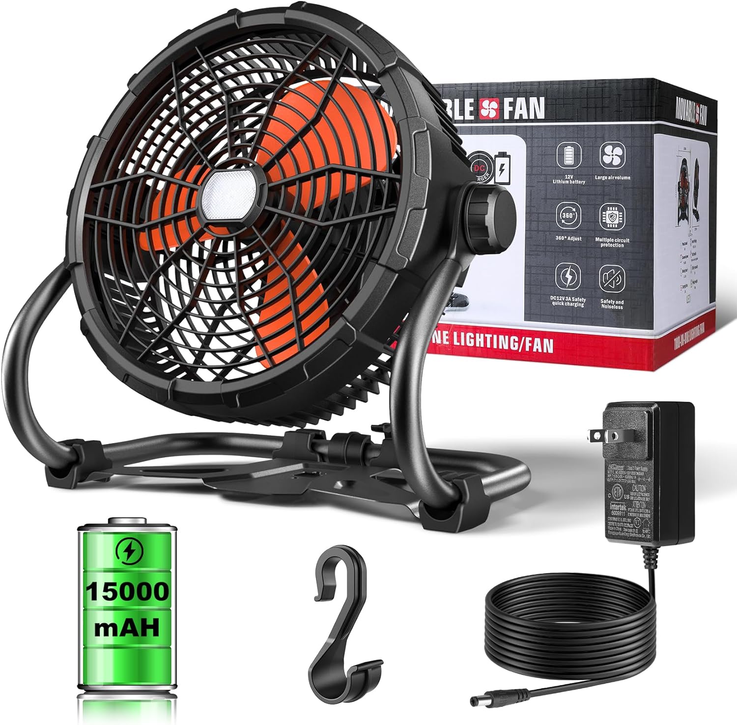 Petbank 12" High Velocity Floor Fan with Led Light, 15000mAh Rechargeable Battery Fan, 360Adjustable Tilt Industrial Camping Fan Outdoor Indooroor Indoor