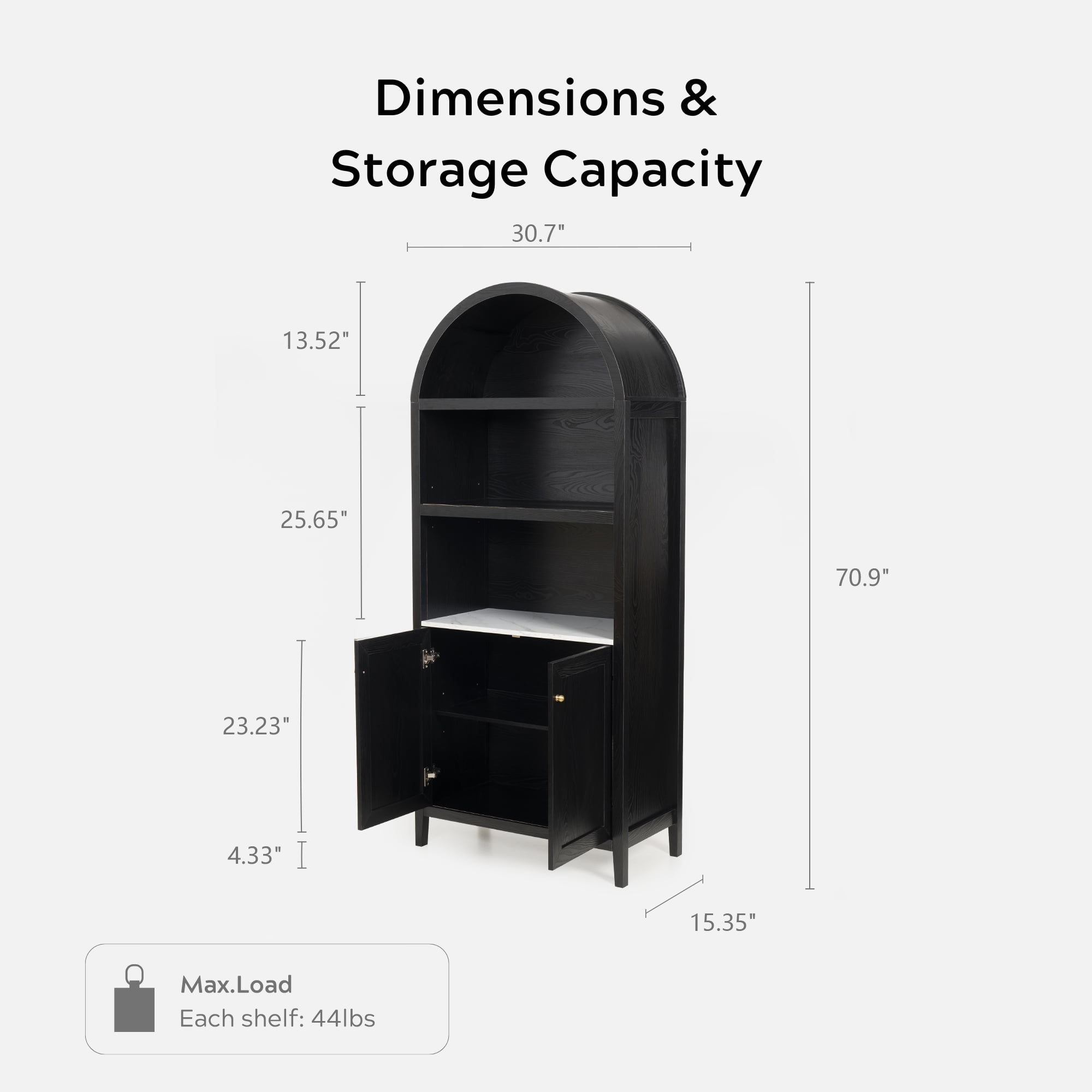 EYYTHUNG 71" Tall Arched Cabinet Modern Farmhouse 5-Tier Arched Bookcase Storage Display Cabinet with Faux Marble Top, Black