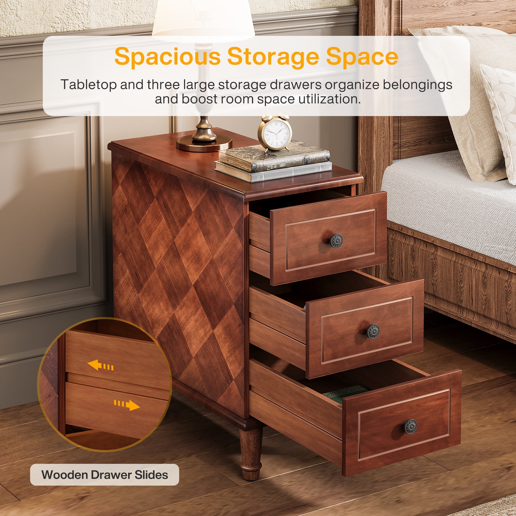 Fnova Side Tables with 3 Drawers, No Assembly Required, Narrow End Tables for Living Room, Nightstand Bedside Table for Bedroom, Walnut