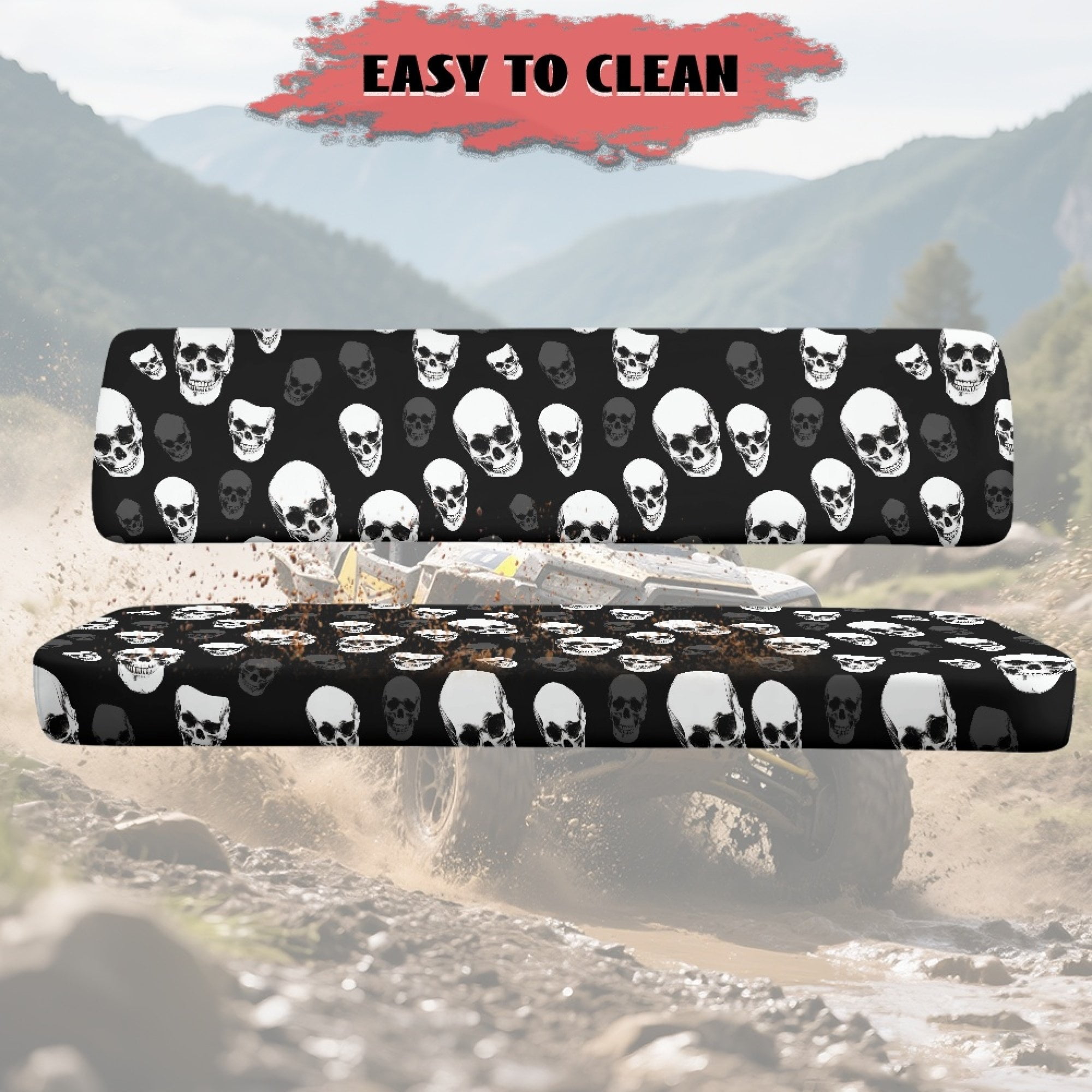 ZIATUBLES 2-Pack Waterproof UTV Seat Covers with Black Skull Print, Replacement Bench Seat Protectors Compatible with Kawasaki Mule 3000 3010, Wear-Resistant Polyester UTV Seat Decor Covers