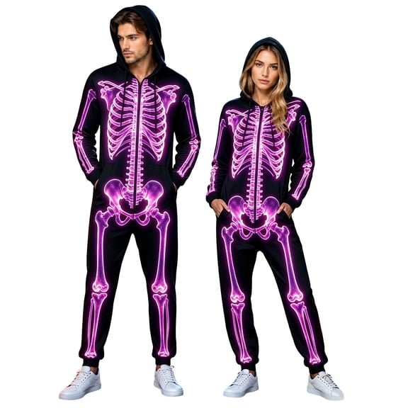 MEZZALL 1-Pack Adults Unisex Skeleton Print Hooded Onesie, Full Zip Halloween Skeleton Bodysuit, Matching Long Sleeve Jumpsuit