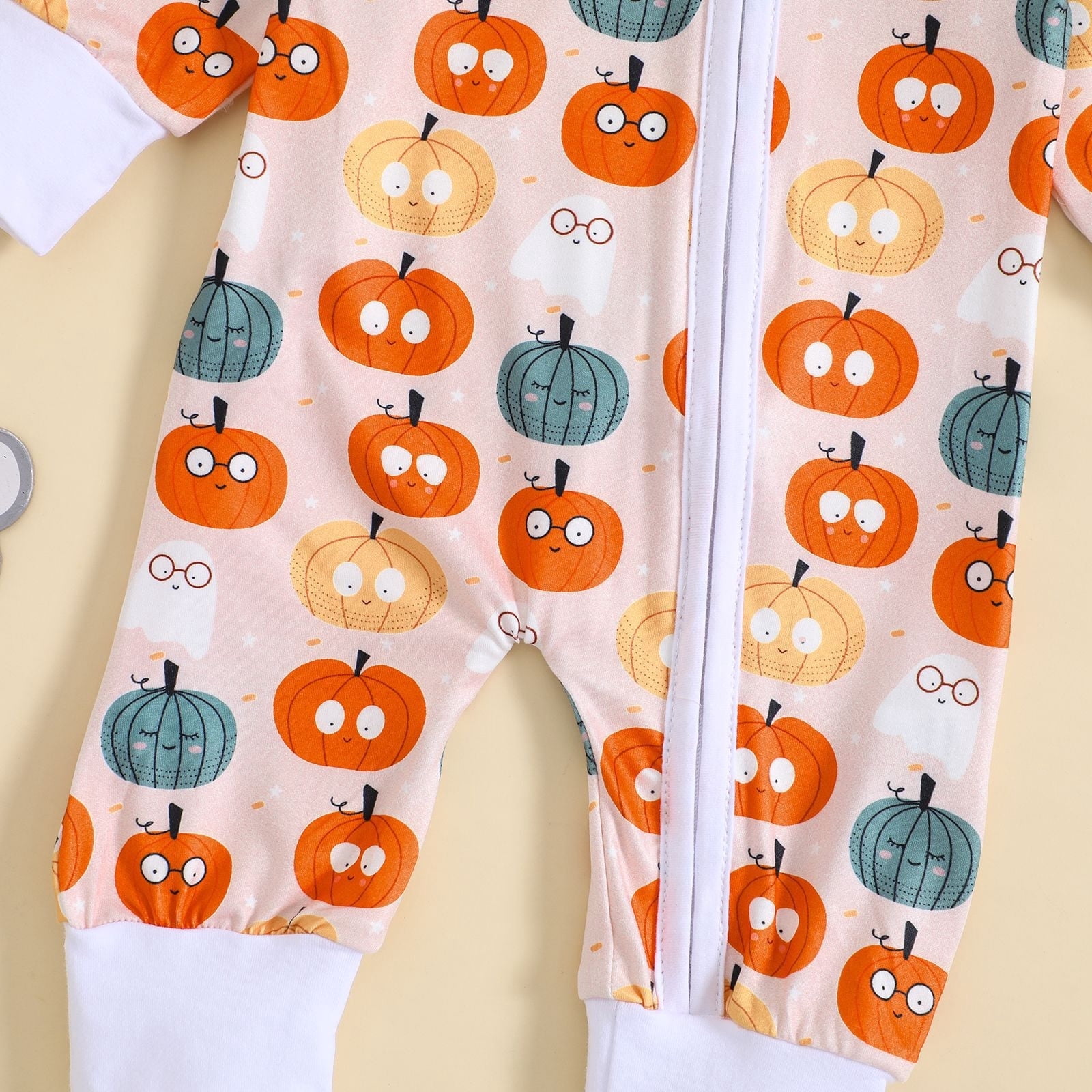 Baby Rompers Girl Toddler Fall Full Zip Jumpsuit Cartoon Pumpkin Print Long Sleeve One Piece Pajama Soft Comfort Baby Rompers Boy White 18 Months-24 Months
