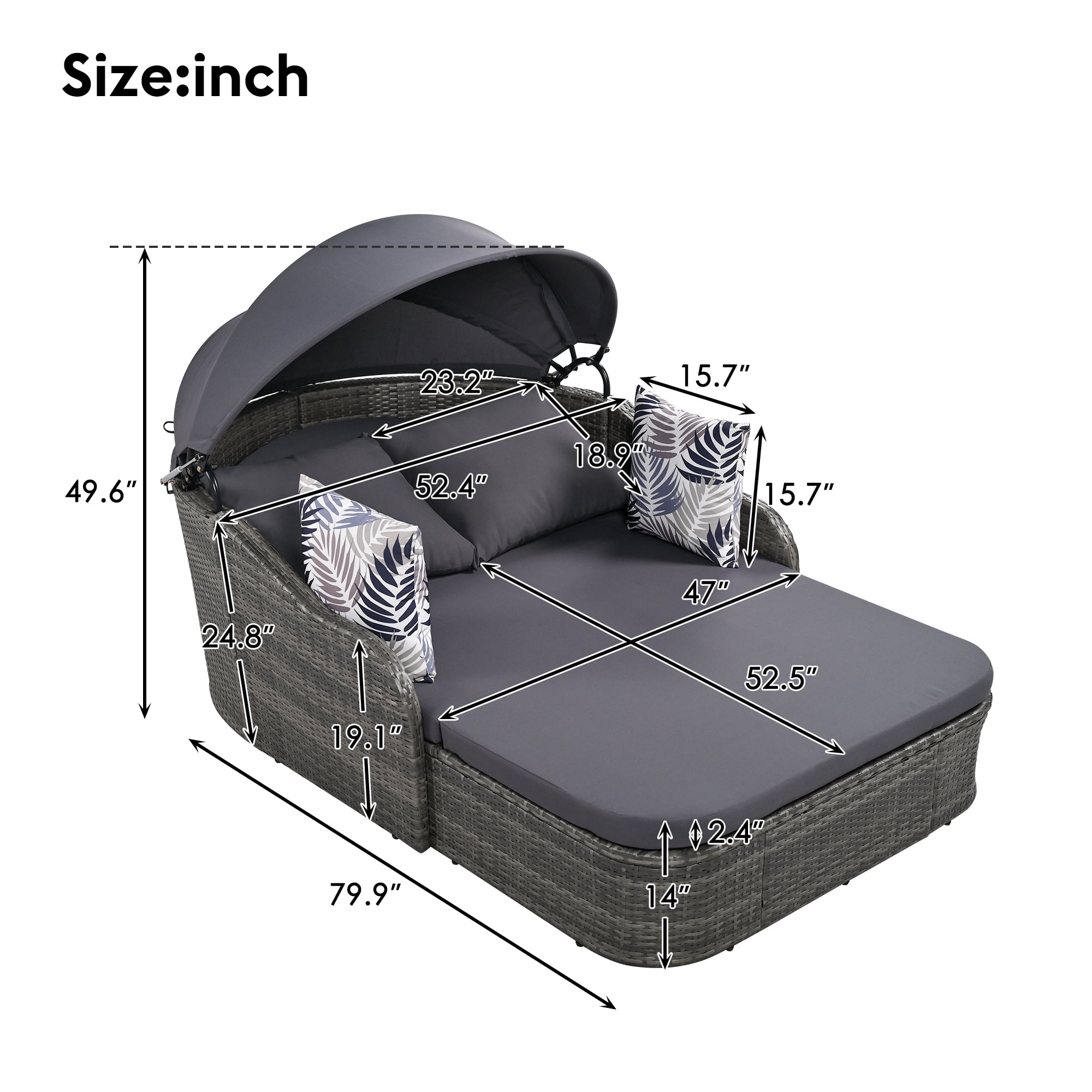 79.9" Outdoor Sunbed with Adjustable Canopy,Patio Chaise Double Lounger Sofa Daybed for Beach Backyard,Gray