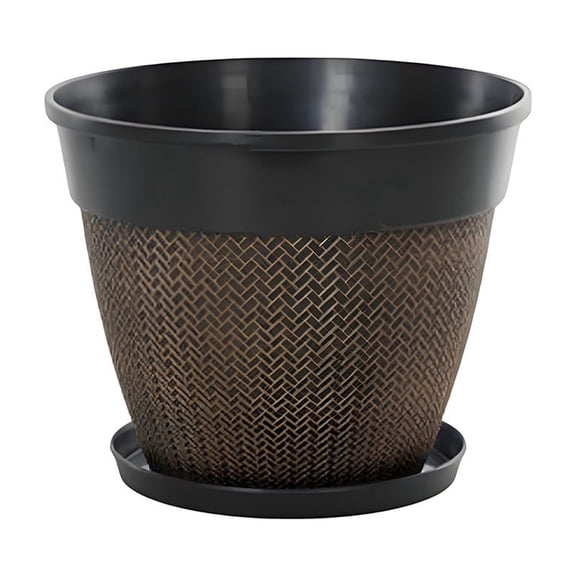 Textured Plastic Plant Pot with Matching Saucer, Vintage Faux Rattan Bronze Planter Container, Round Flower Vase for Indoor Balcony Houseplant Gardening