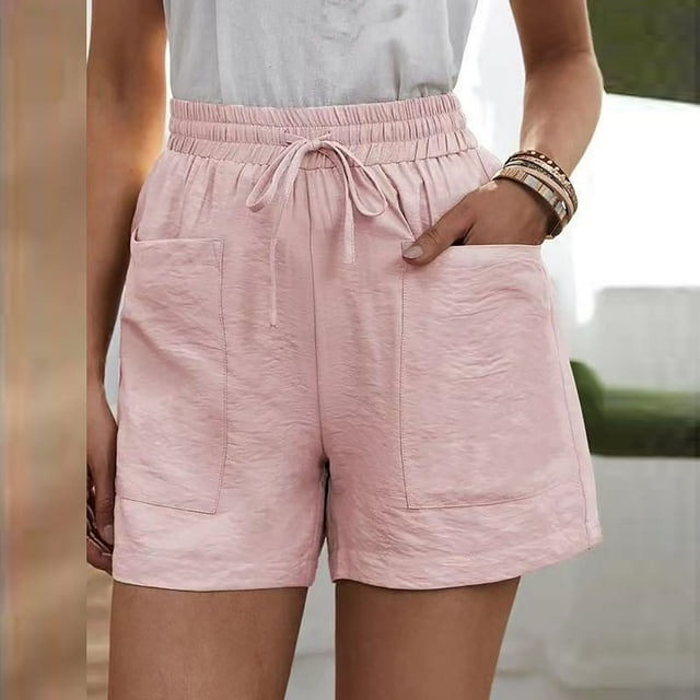 Jsaierl Shorts for Women Cotton Linen Drawstring Elastic Waisted Straight Wide Leg Lounge Shorts Comfy Solid Color Shorts Plus Size Shorts with Pocket