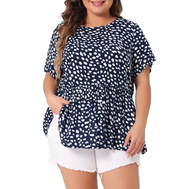 Blusa Plus Size GRACE & GRANDEUR para Mujeres con Lunares, Cuello Redondo, Manga Corta, Estilo Peplum, Tallas 2X, Color Azul Marino