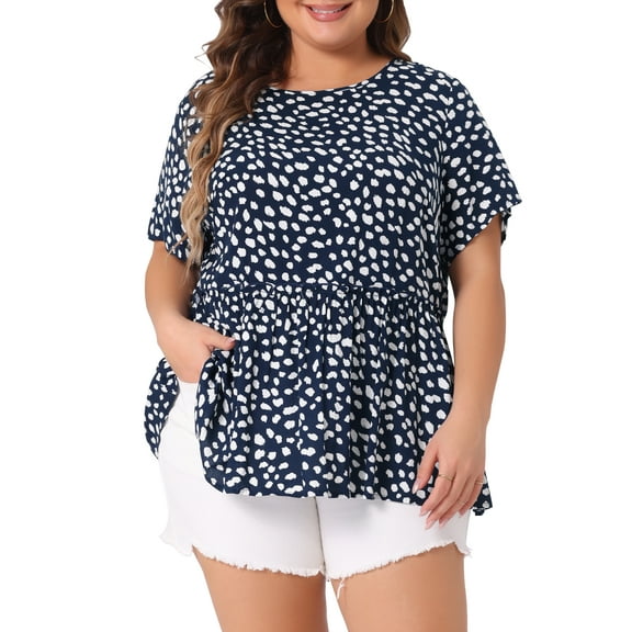 Agnes Orinda Plus Size Top for Women Polka Dots Crew Neck Short Sleeve Peplum Tops Shirts 2X Navy Blue