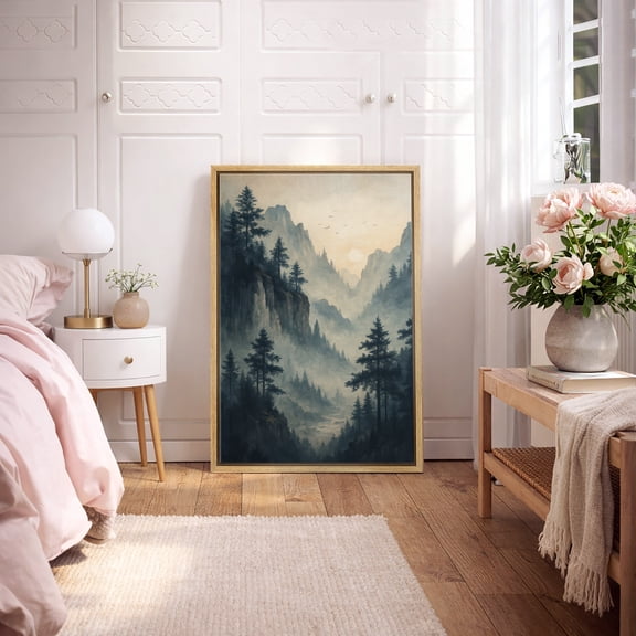 Framed Canvas Print Misty Pine Forest Mountain Wall Art Serene Nature Landscape Decorative for Living Room Bedroom - 16"x24" NATURAL