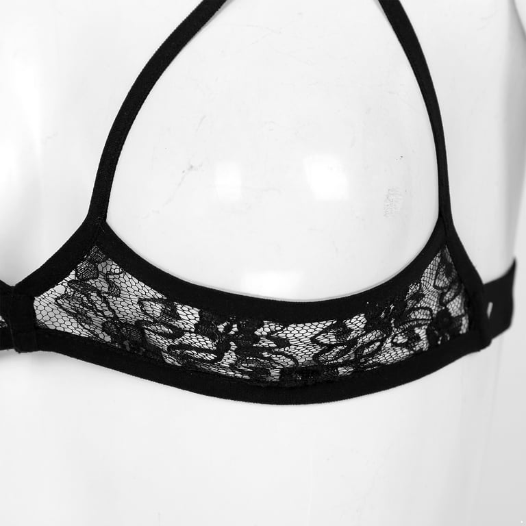 YONGHS Women's Sheer Mesh Floral Lace Nipple Split Wire-Free Wireless  Bikini Bra Triangle Bralette Black 4XL 
