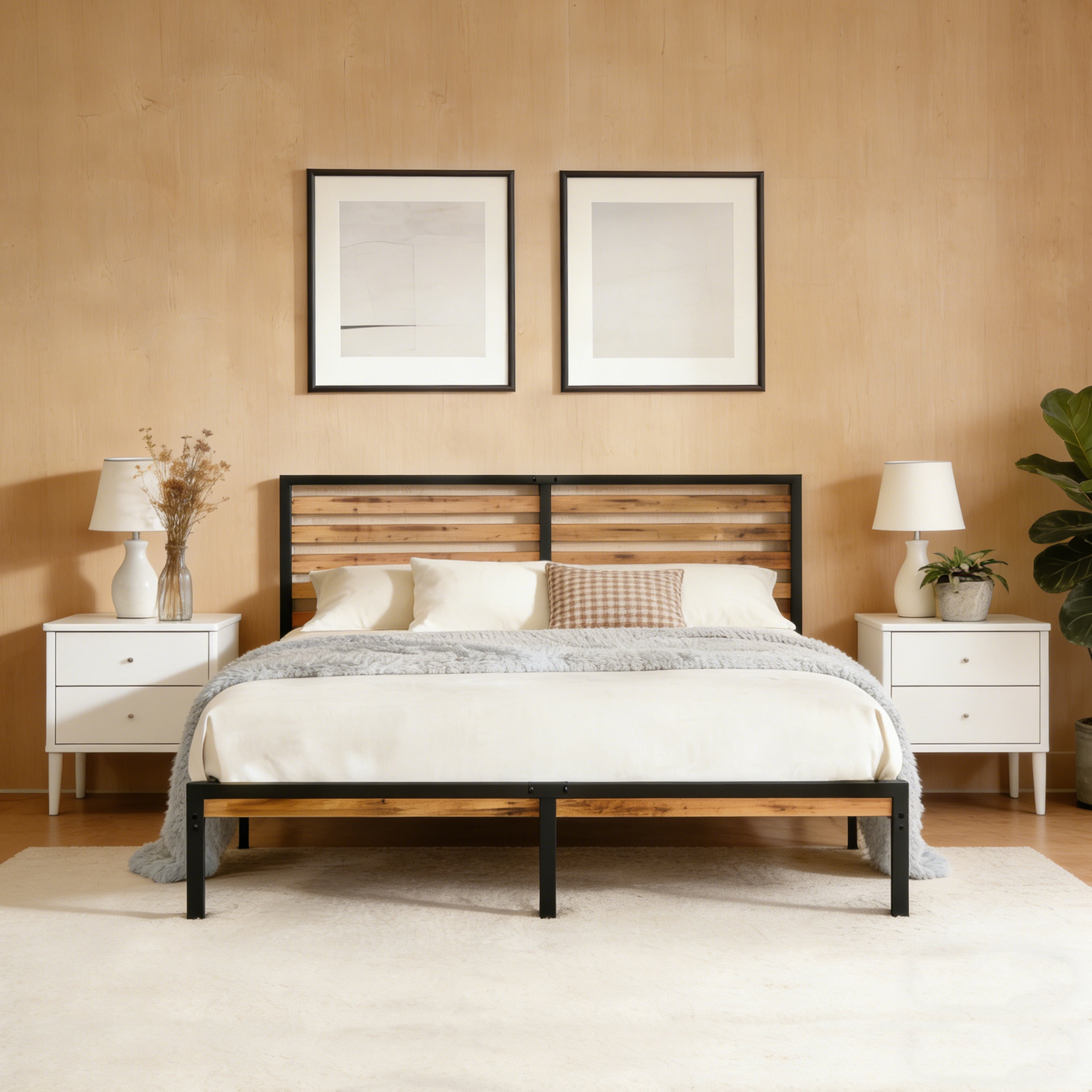 Full Size Metal Platform Bed Frame, Rustic Brown & Black Bed with Wood Headboard, Noise-Free Slat Support, Under Bed Storage Space, No Box Spring Required