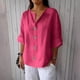 thumbnail image 2 of Vestidos Casuales Para Mujer, Blusas De Mujer De Moda Blusa de lino con cuello en V, manga 3/4 y botones, suelta, de color liso, para mujer, 2 of 7