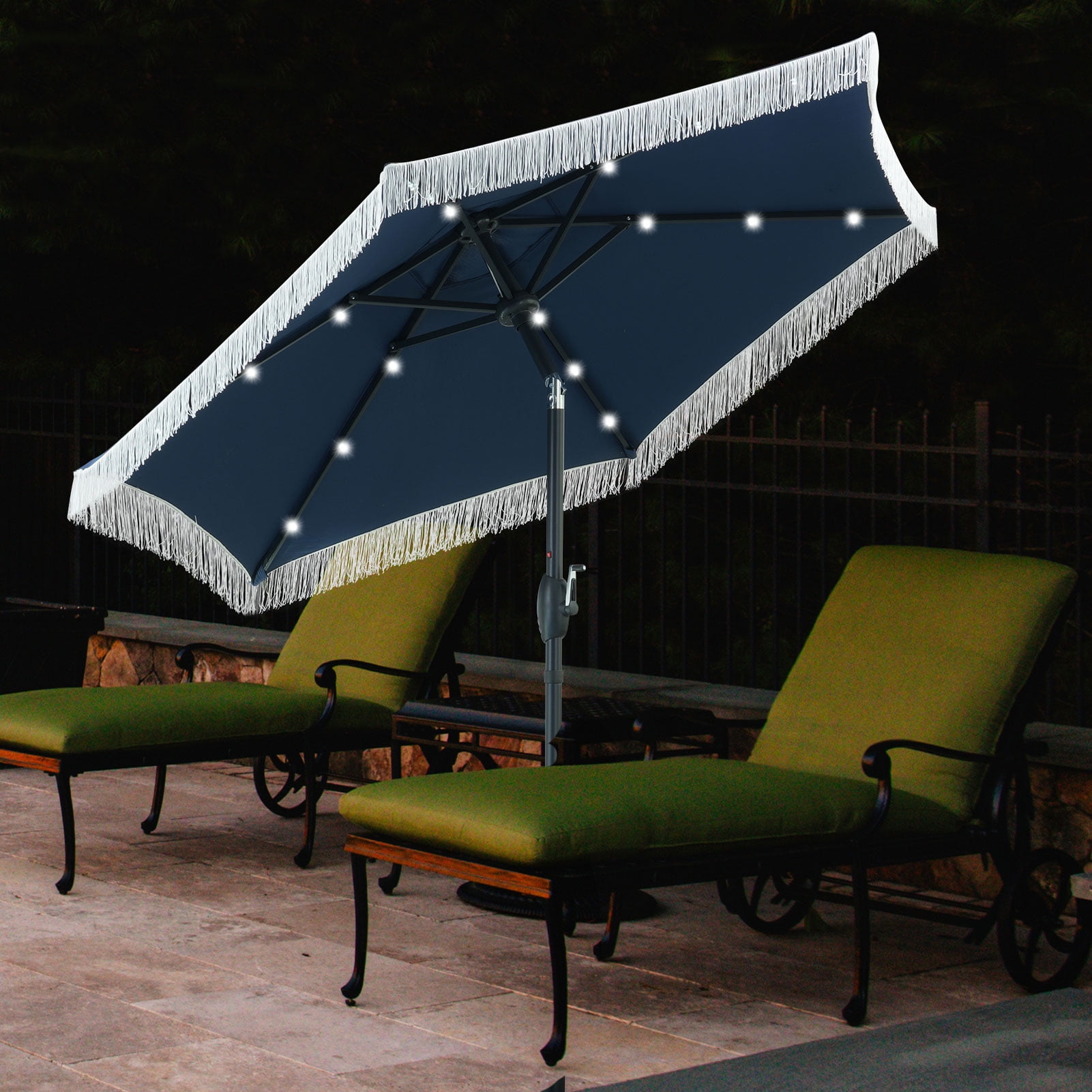 Autlaycil 7.5 ft Navy Blue Tassel Patio Umbrella with Base, 18 LED Lights Solar, and Push Button Tilt and Crank