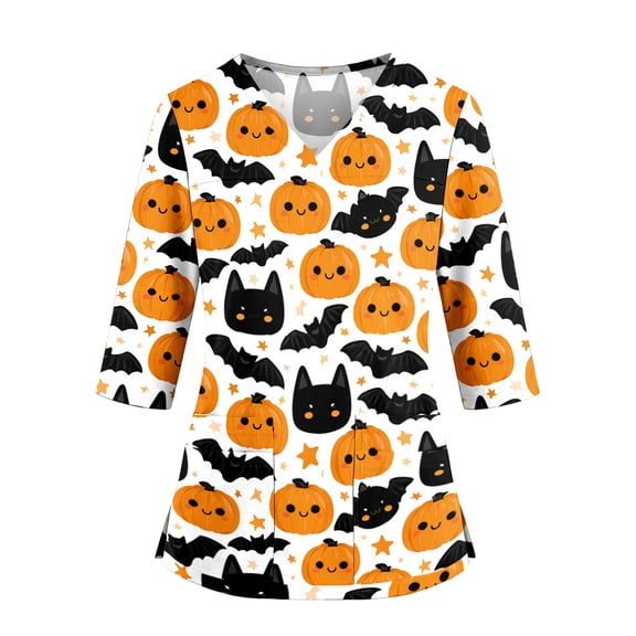 KLHDSF Womens Halloween Scrub Top With 2 Pockets Cartoon Print V Neck 3/4 Sleeve T-shirt Side Slit Casual Fall Daily Workwear Yellow L